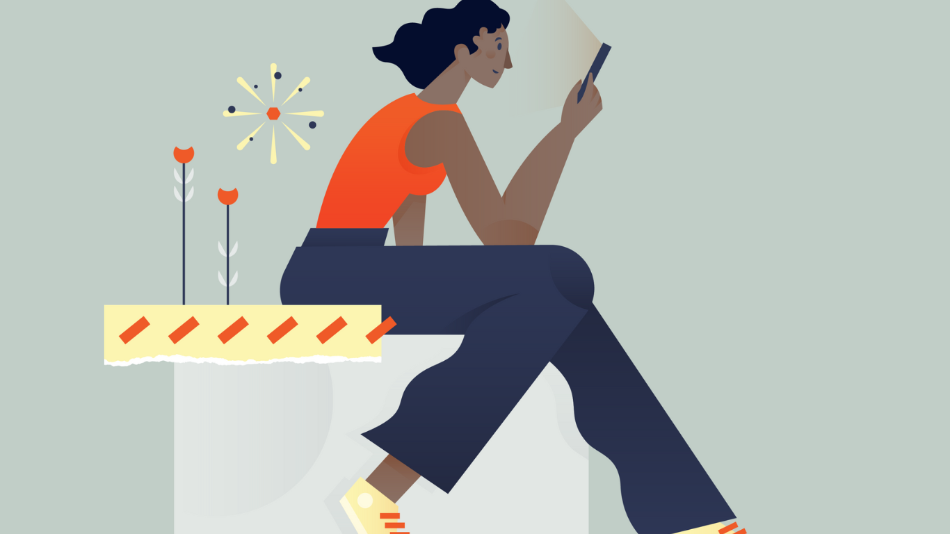 Cartoon image of woman looking at phone